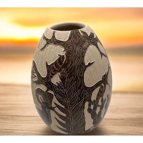 Mata Ortiz Pottery David Bejarano Olla Vase Deer Ram Birds Cactus Mexico Ceramic - Picture 6 of 11